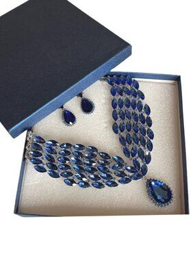 Royal Blue Sapphire Color Rhinestone Bib Statement Necklace & Earrings Set New